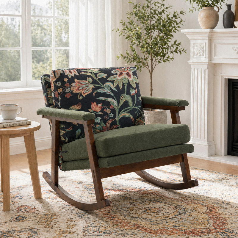 Chaise berçante moderne en velours 28,7 po Mid-Century avec structure en bois, Green