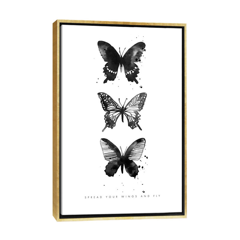 3 Inky butterflys par Mercedes Lopez charro-impression, H 26 po x l 18 po x 1,5 po, Toile encadrée d'or, Pas de tapis