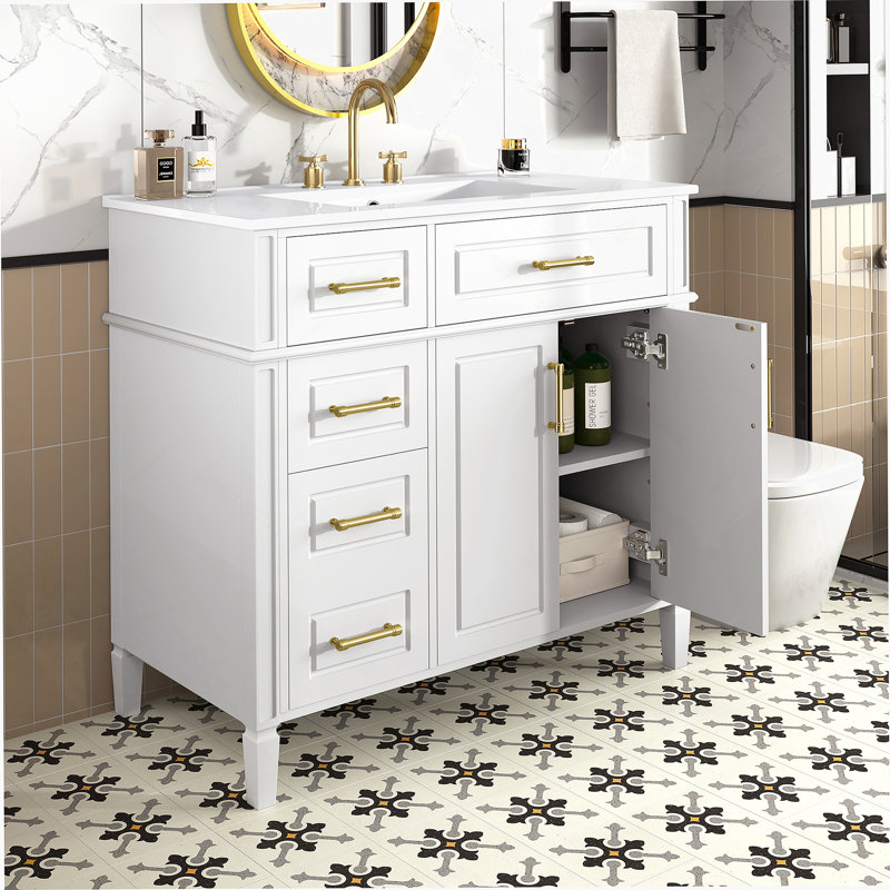 Bathroom Vanity With Sink, Single Sink Vanity With 3 Drawers And 1 Flip Drawer, White