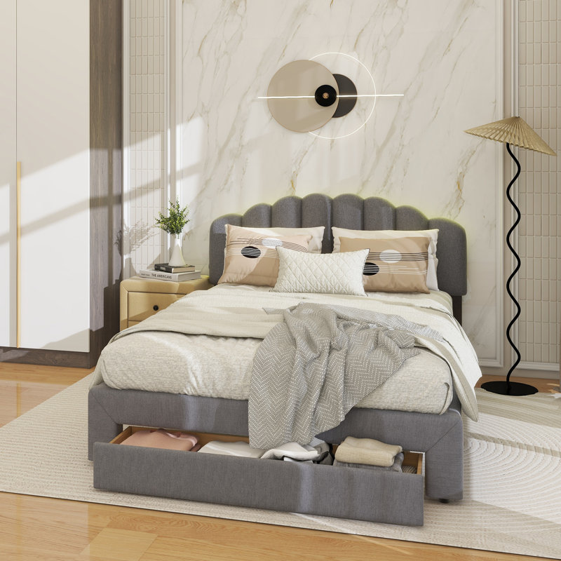Teddy Fleece Queen Size Upholstered Platform Bed With Drawer, Gray