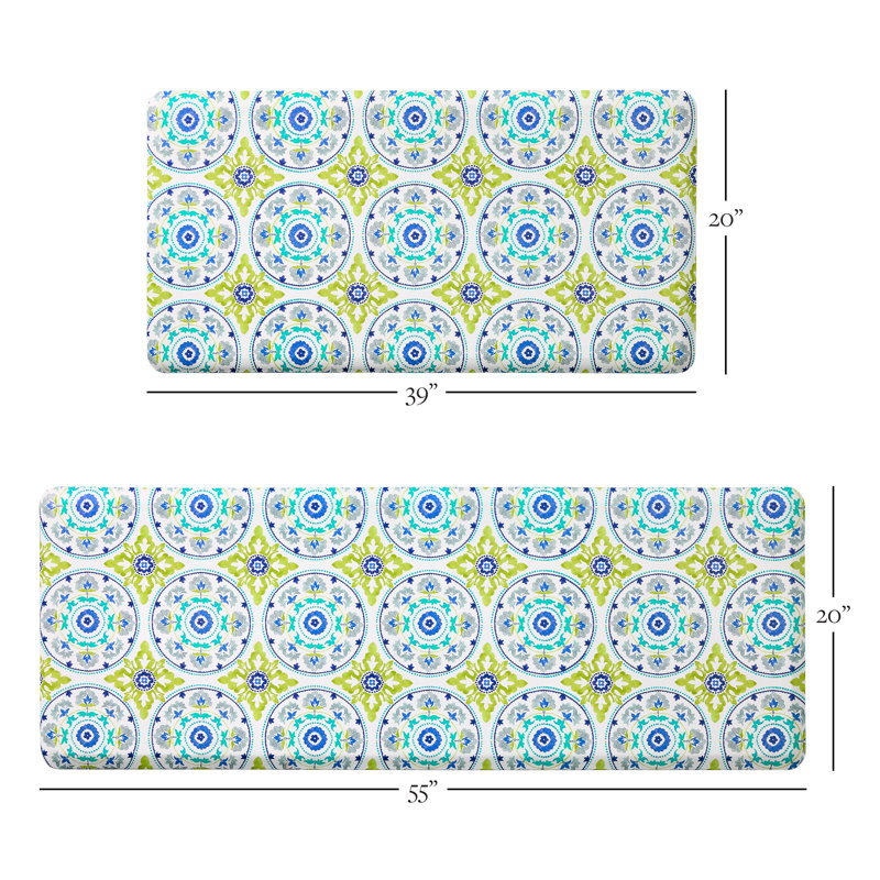 FIESTA Mali Tiles Geo Trellis Anti-Fatigue Comfort Non-Slip Kitchen Mat, Blue/Green/White