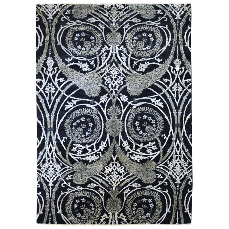 Tapis noir en laine tissé à la main de conception unique 5 pi 7 po x 8 pi 1 po New Age