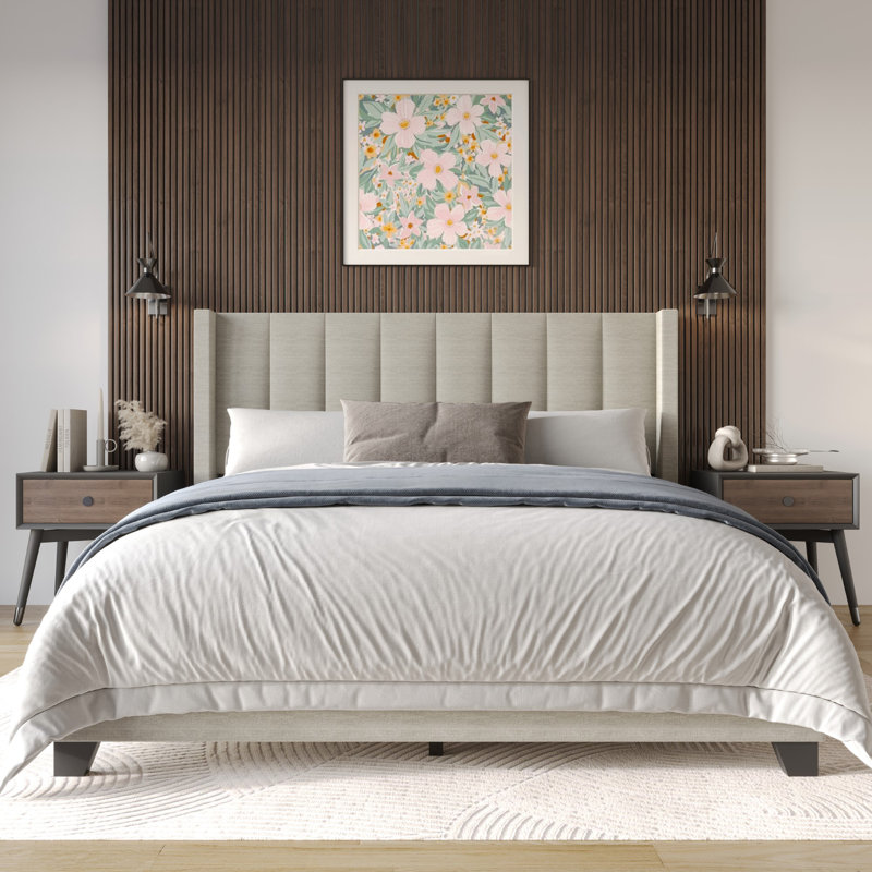Batholo Upholstered Wingback Bed, Queen, Warm Gray