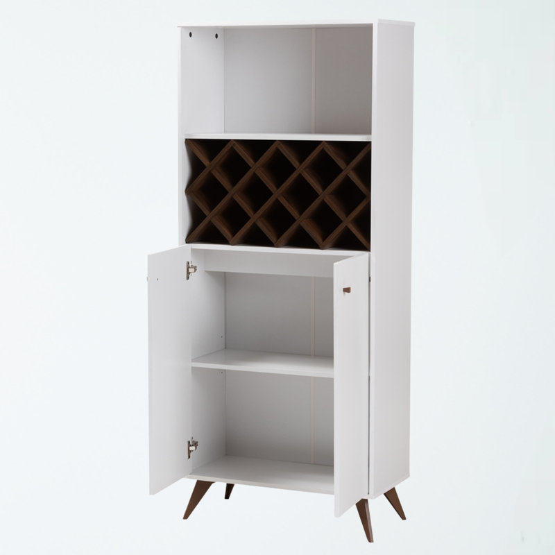 Reedley Mid-Century Modern Bar Cabinet in White with Bottle Rack, 65.99" H X 27.80" W X 13.24"D, White