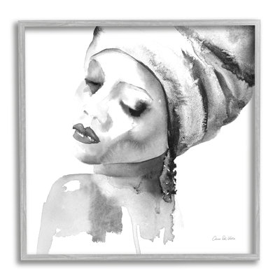 «Woman with Headwrap Tranquil Black White Watercolor Portrait Grey Farmhouse