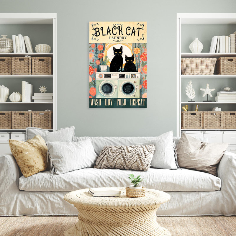 «Black Cat Laundry», reproduction d'art rectangulaire sur toile tendue 1 pièce, H 36 po x l 24 po x P 1,25 po