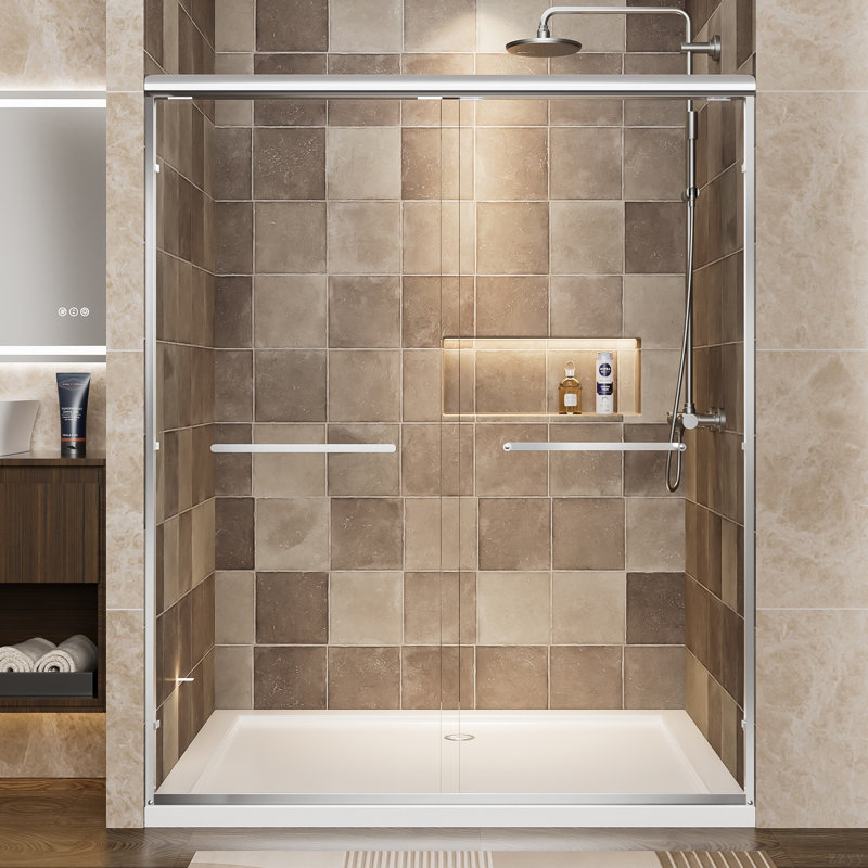 56"-60" W X 72" H Aluminum Frame Double Sliding Shower Door, 1/4" (6Mm) Clear Tempered Glass With Explosion-Proof Film, Dual Stainless Steel Handles
