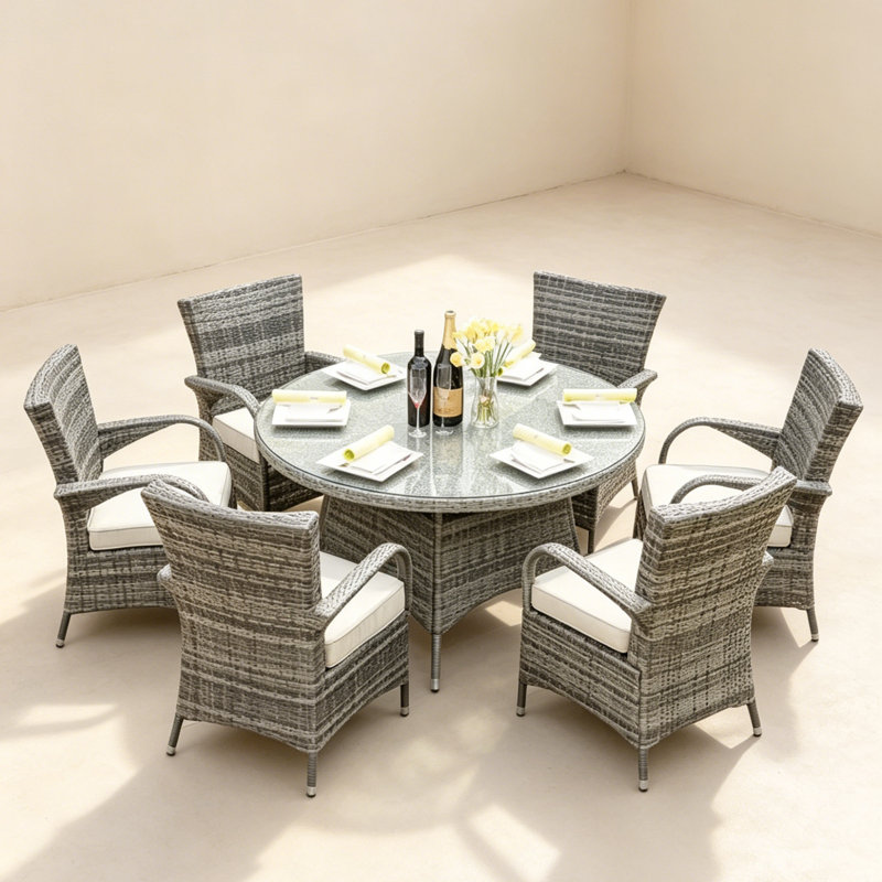 Talene 6 - Person Patio Dining Set with Round Table , Cushions Included, Gray