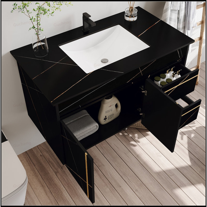 Meuble-lavabo flottant 35,4 po avec comptoir en faux marbre