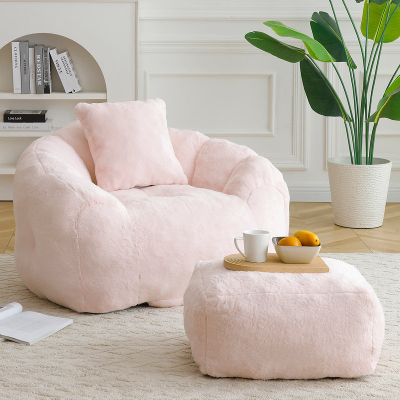Fauteuil à billes surdimensionné avec repose-pieds, Fausse fourrure rose