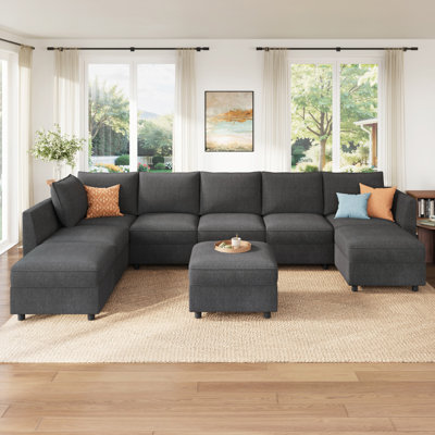 Tremee U Shaped Sectional Sofa Sleeper Sofa Couch With Storage Light Grey