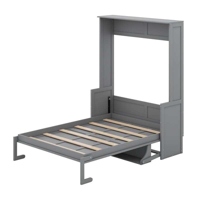 Queen Size Murphy Bed With Desk, Hideaway Wall Bed With LED Lights And USB Charging Station, Gray