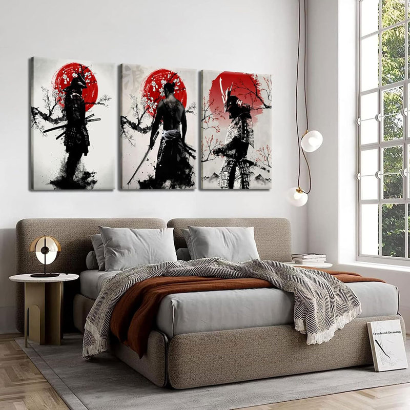 3Pcs Japanese Wall Art Japan Warrior Figure Wall Decor Armored Samurai Posters Prints Asian Cherry Ninja Painting Pictures for Living Room Bedroom Canvas Framed