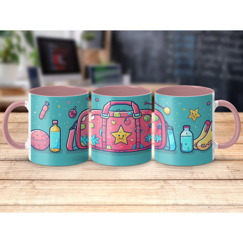 Kids Drawing Style 11oz Accent Mugs – Ceramic Coffee Cup with a Pink Handle and Interior