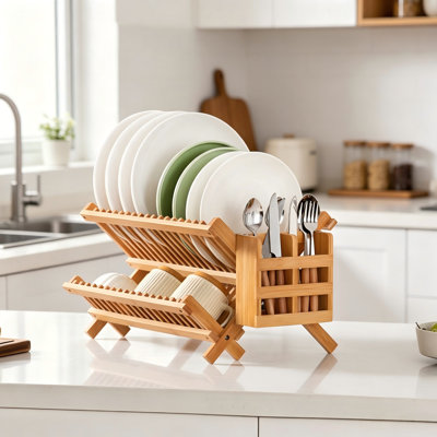 2-Tier Collapsible Bamboo Dish Drying Rack with Utensil Holder