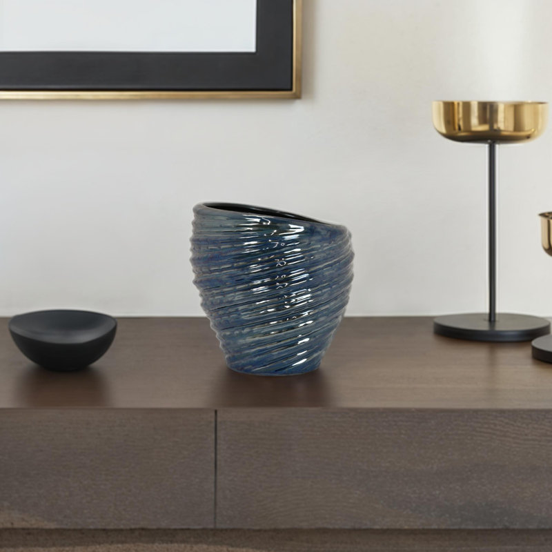 Vase rond en céramique blanche Avery 17 po, Bleu