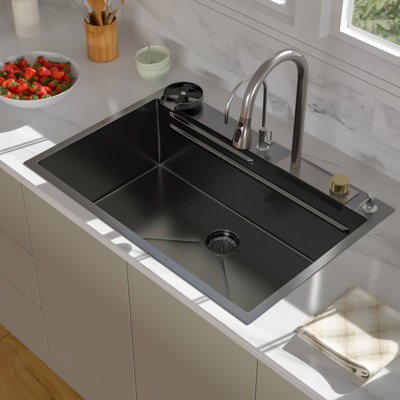 33" Drop-In Matte Black Stainless Steel Kitchen Sink with Waterfall Faucet