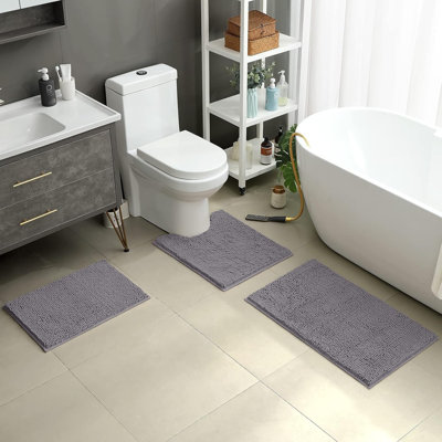 3 tapis de salle de bain 3 pièces, tapis de bain en chenille absorbant doux et épais, tapis lavables antidérapants pour la douche et le bain, gris