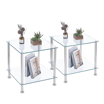 Ensemble de 2 tables de bout en verre Wrought Studio ™, table basse carrée simple moderne à 2 niveaux avec table basse et centre pour salon 17,7 po x 17,7 po x 17,7 po, argent