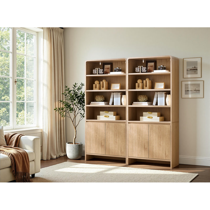 Bibliothèque 2 pièces H 71 po x l 32 po à 2 niveaux avec 2 portes, tablettes réglables et bords arrondis, grain de bois naturel