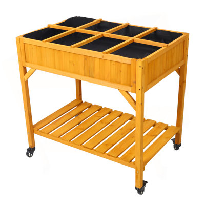 Elevated 8 Pocket Herb Garden Bed/ Mobile Raised Customizable Wood Planter For Herbs/ Vegetables/ Flowers W/ Lockable Wheels/ Storage Shelf/ Drainage Holes
