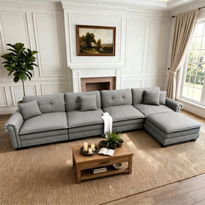 Canapé modulaire de 150 po avec repose-pieds, siège surdimensionné en L à aspect lin avec garniture cloutée 150 po