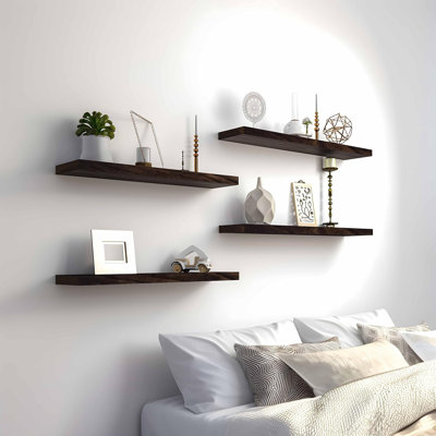 Ensemble de 4 tablettes flottantes rustiques pour le mur - tablettes murales en bois massif pour la chambre à coucher, le salon, la cuisine, la salle de bain - facile à installer