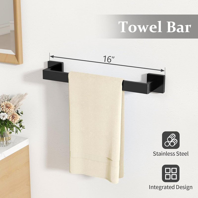 5-Piece Matte Black Bathroom Hardware Set - Stainless Steel Towel Rack, Towel Ring, Toilet Paper Holder With Shelf & 2 Hooks - Wall Mounted Bathroom Accessories For Modern Decor