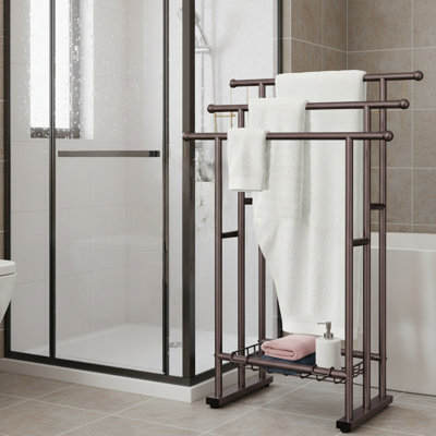 Tall, Trapezoidal, Three-Tier Bathroom Towel Rack With Storage Basket. Dedicated For Drying And Displaying Extra-Large Bath Towels/Blankets. Suitable For Use Next To Bathtubs/Shower Rooms. Multifunctional Storage Shelf.