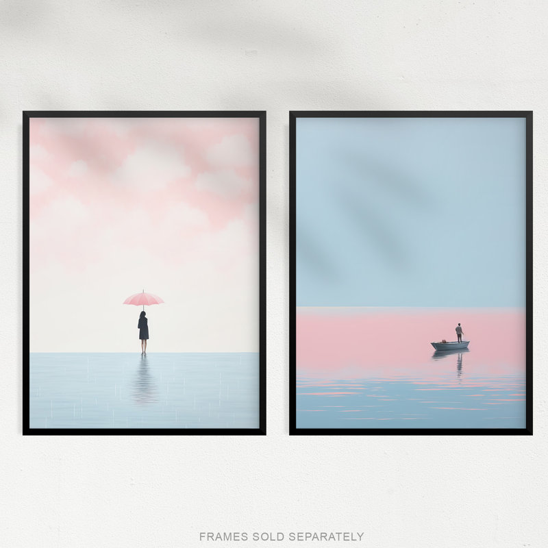 Pink On Blue Water Minimalism Boat At Sea Umbrella - 2 Piece No Frame Print Set