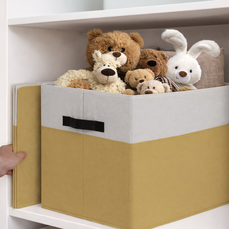  Ensemble de 4 grands paniers de rangement en tissu pliables avec poignées pour placard et tablettes, crème, Crème