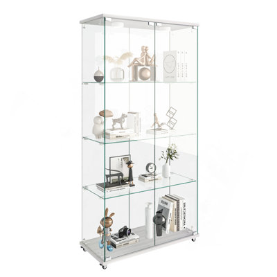 Modern Glass Display Cabinet With LED Lights, Quick-Assembly Antique Cabinet, Tempered Glass Bookshelf, Suitable For Living Room And Bedrooms, 2-Door 4-Shelf