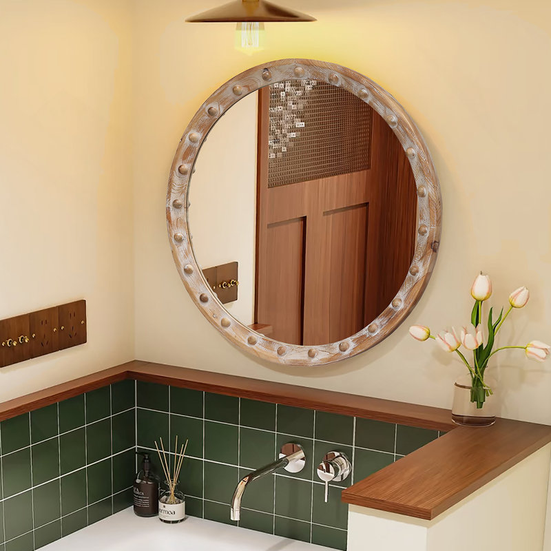 Round Wall Mirror With Rivet Detail