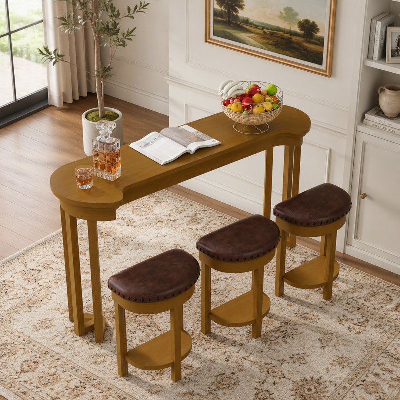 Ensemble de table de bar en bois massif avec 3 tabourets rembourrés en PU, texture bois naturel pour les espaces compacts et usage multifonctionnel