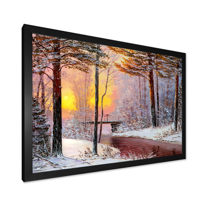 Forêt de Noël avec rivière et arbres IV - peinture sur toile, H 16 po x l 32 po x p 1 po, Cadre photo noir
