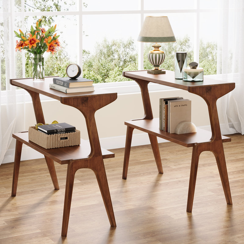 Table de bout mince Nekayla avec pieds en bois massif, Brun rustique