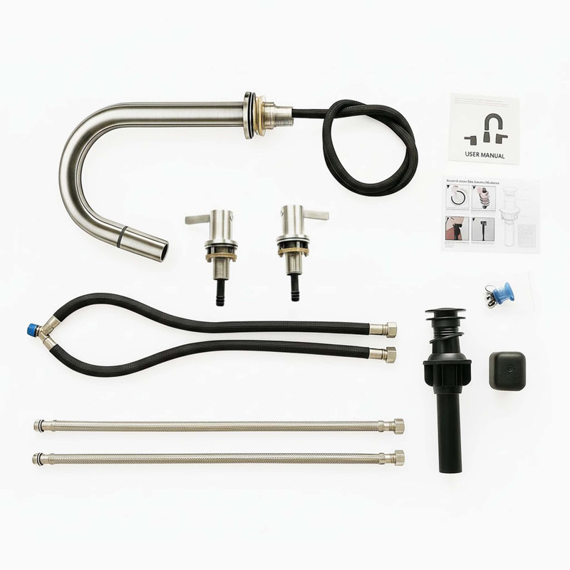 Robinet espacé à deux poignées, trois trous, douchette rotative rétractable, avec bonde escamotable, Brushed Nickel