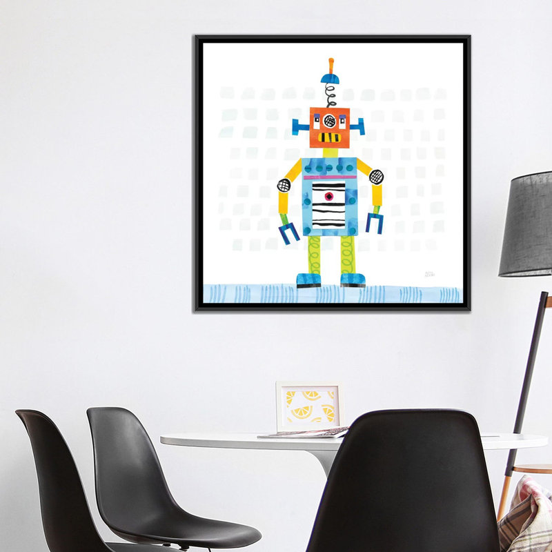 « robot party ii » par melissa averinos, peinture sur toile, H 26 po x l 26 po x P 1,5 po, Toile avec cadre noir