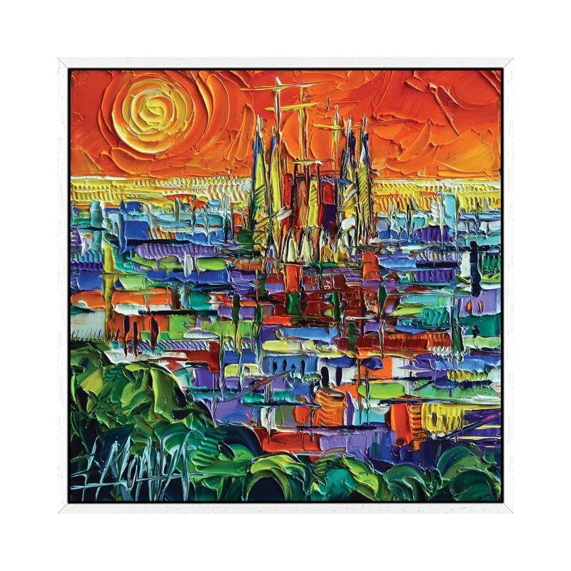 Barcelona View Stylized Cityscape 1 Piece Painting on Canvas, 66.04cm H x 66.04cm W x 3.81cm D, White Framed
