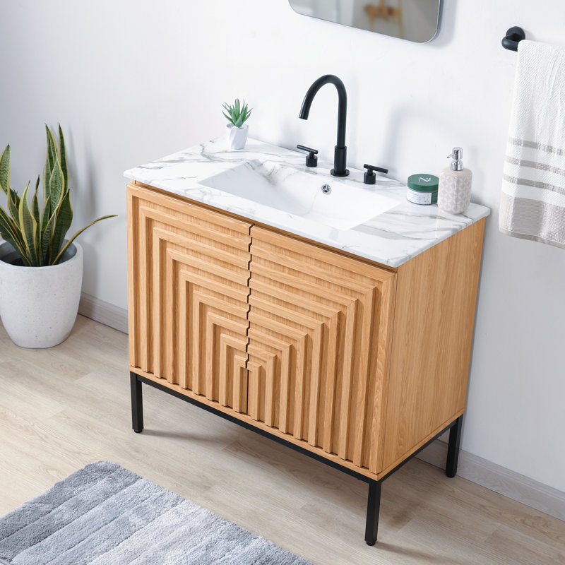 Armoire de meuble-lavabo moderne à 2 tablettes géométriques l 36 po x P 18 po x H 33 po Rowan (lavabo non inclus), Chêne