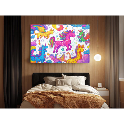 Colorful Doodle of a Unicorn and Fantastic Animals on High-Quality Canvas Print - Handcrafted Wall Decor - Stylish Art - Gift - Wall Decor, Painting Reproduction
