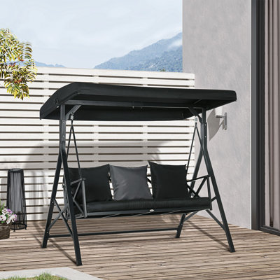 Balancelle de patio 3 places Outsunny, balancelle avec coussin, 3 coussins décoratifs et auvent réglable pour porche, jardin, bord de piscine, jardin, noir