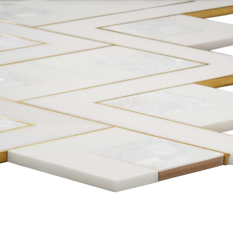 Zeta 12x16 Polished Marble and Brass Inlay Waterjet Mosaic Tile, Pearl White