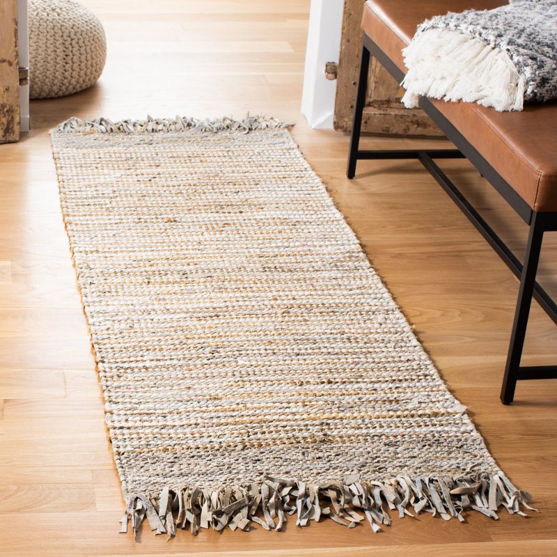 Bowen Hand Woven Leather Cotton/Jute Striped Rug in Beige, Square 6'