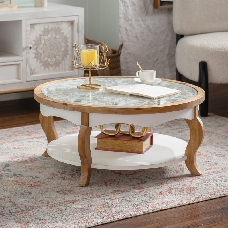 Avoine ronde en bois avec plateau en verre et tablette ouverte