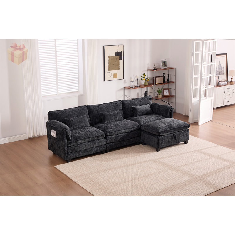 Élégant canapé modulaire en forme de L avec triple support élastique, espaces de rangement et de chargement pour un confort et une commodité modernes