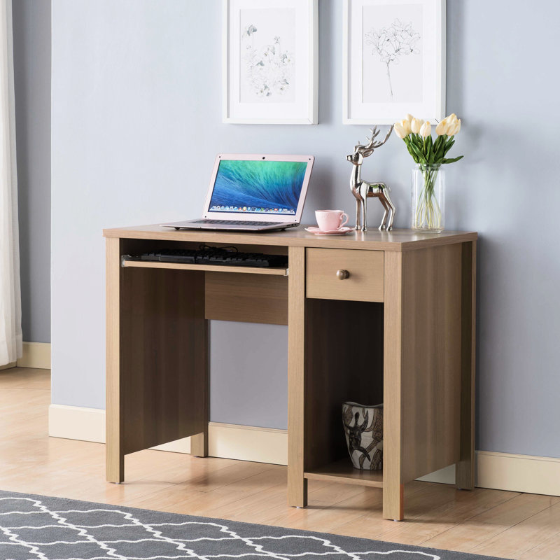 Bureau d'étudiant pour la maison ou le travail (99 cm de large) - Bureau compact beige-brun pour ordinateur portable avec tiroirs et plateau pour clavier