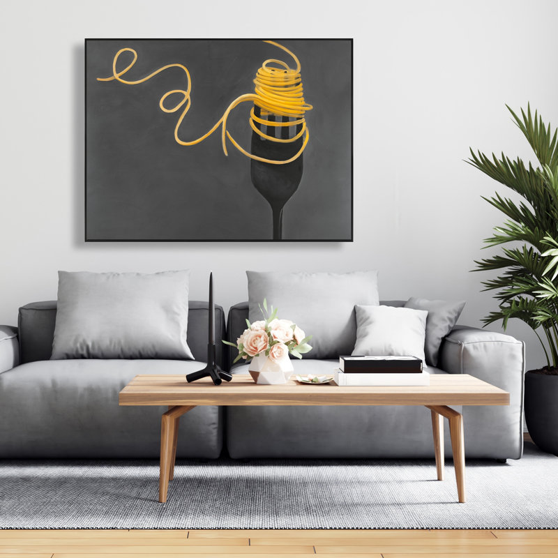 Spaghetti Pasta Around a Fork - Yellow Framed Canvas Art, 37.25" H x 49.25" W