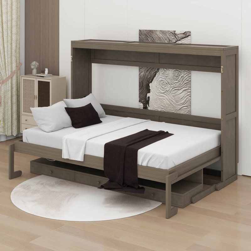 Grand lit escamotable avec tiroirs, bureau de coiffeuse et miroir central, Gris patiné