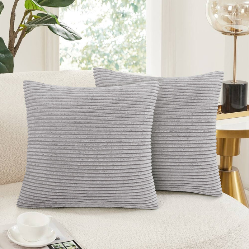 Striped Square 18cmX18cm Velvet Cushion Cover, Light Grey
